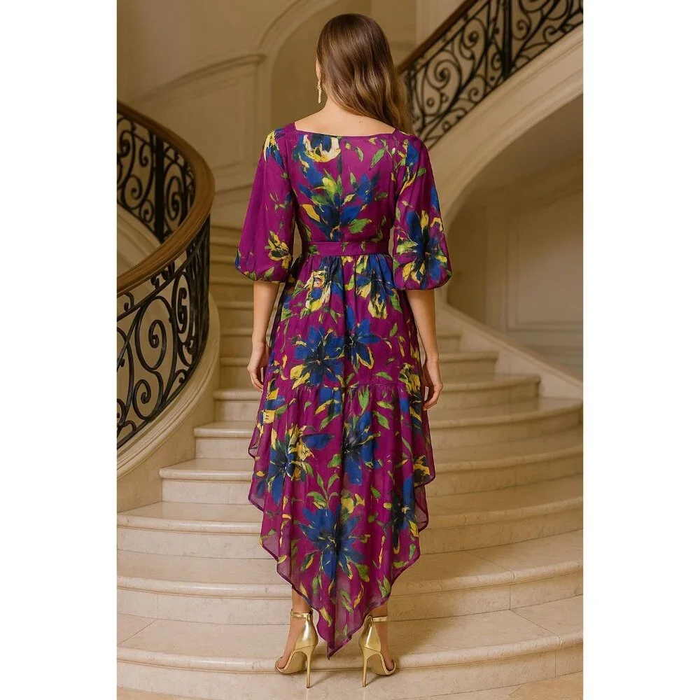 Ashley Stewart Size 14 Purple Sheer Floral Dress High Low Hem Metal Side Zip Art - Picture 5 of 13